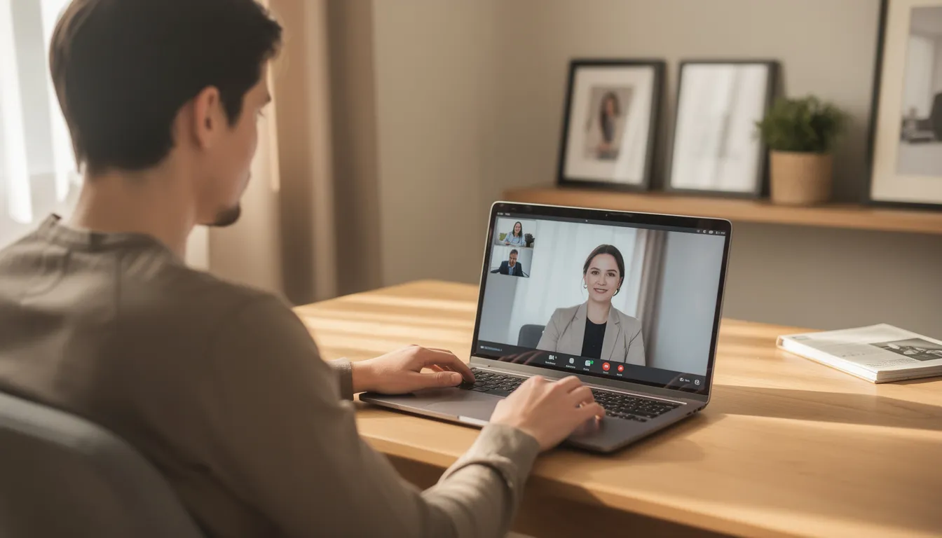 A person is engaged in a video consultation on their laptop within a cozy home office, discussing career options and guidance with a private career counsellor. The setting suggests a focus on career development and planning, emphasizing the importance of making informed career decisions.