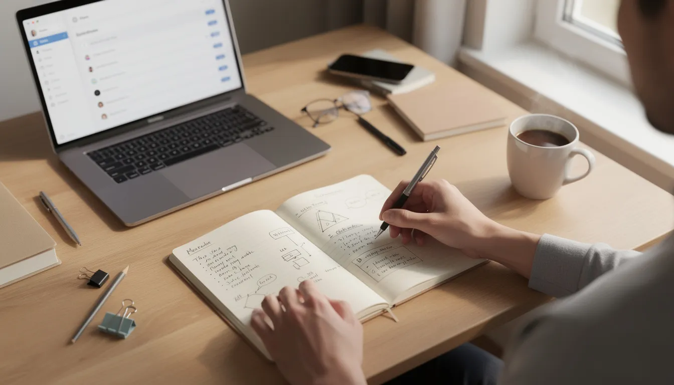 An individual is seated at a desk, intently taking notes while planning their career path, surrounded by a laptop and a steaming cup of coffee. This scene reflects a moment of career development, where the person is likely setting goals and exploring their options for future employment.