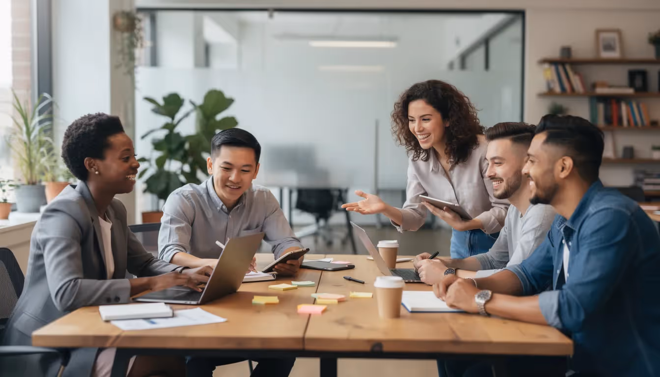 The image depicts a diverse group of young professionals collaborating in a modern workspace, showcasing the evolving skill demands and workforce transformation strategies essential for the future of jobs. Their engagement reflects the importance of creative thinking and teamwork in addressing the challenges posed by demographic shifts and economic uncertainty in the global labour market.
