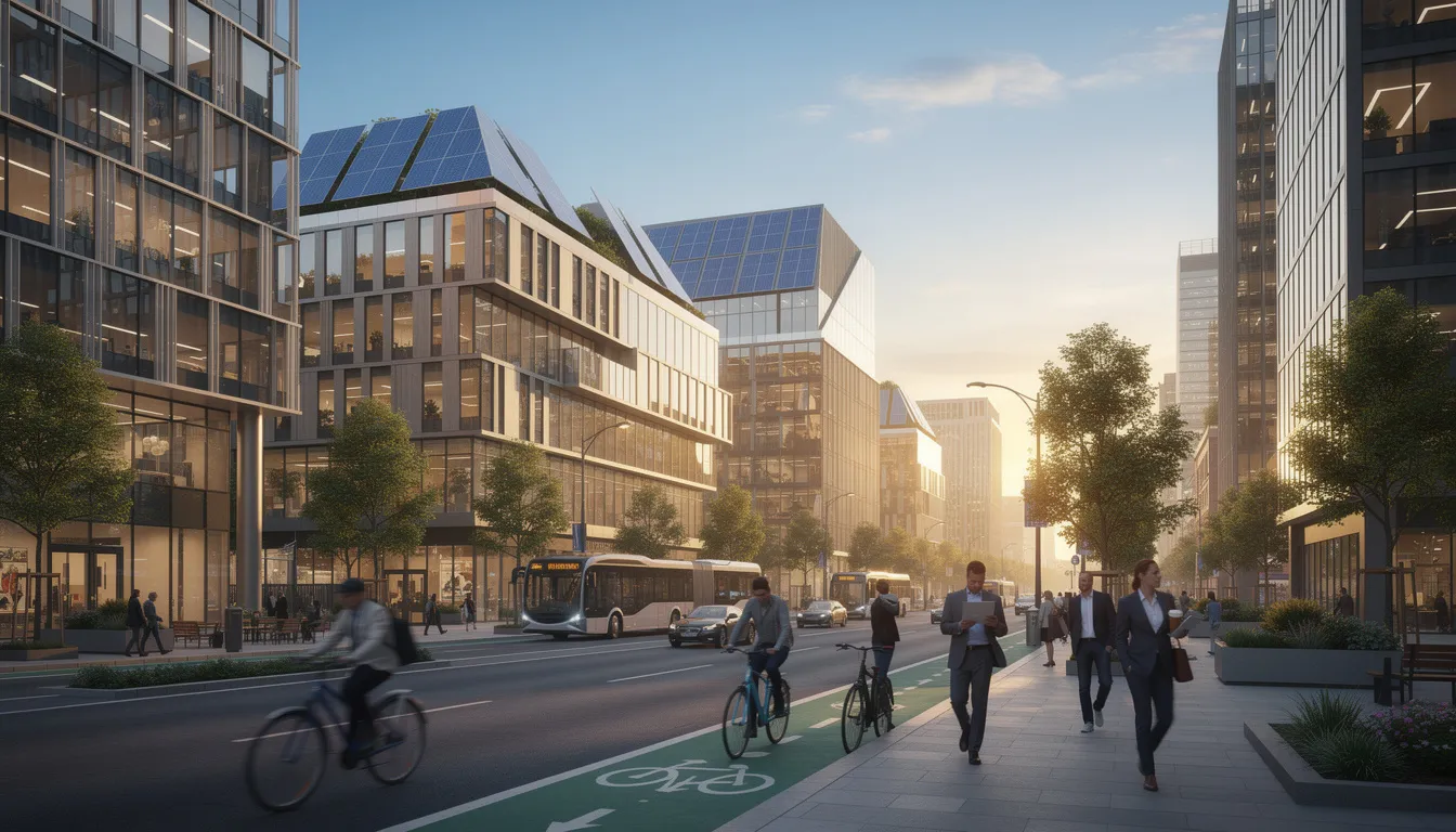 The image depicts a bustling modern cityscape featuring buildings equipped with solar panels, symbolizing the green transition and renewable energy. People are seen walking to work, reflecting the evolving skill demands in the workforce and the importance of job creation in the future of jobs.