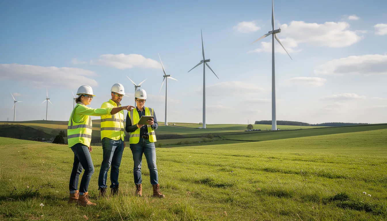 The image depicts wind turbines standing tall in a lush green field, with engineers in bright safety vests collaborating on-site. This scene symbolizes the growing demand for renewable energy engineers and highlights the evolving skill demands in today's workforce transformation strategies.