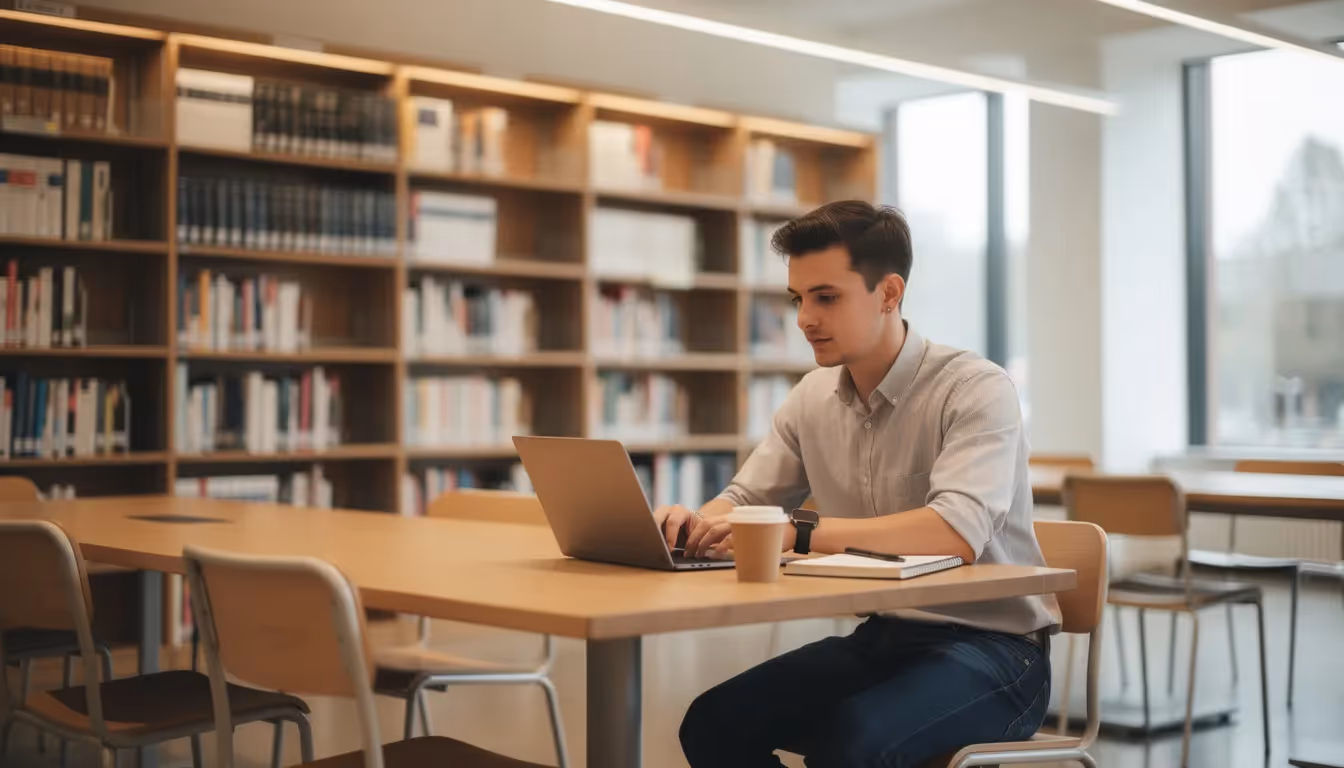 A young professional is seated at a modern library table, focused on their laptop, embodying the evolving skill demands of the future workforce. This setting highlights the importance of technology literacy and creative thinking as key components in adapting to the rapidly changing job landscape.