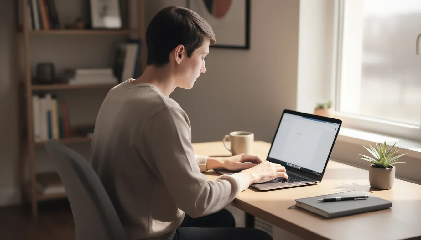 A person is sitting at a home desk, focused on a laptop computer, surrounded by documents and a cup of coffee. This image captures the essence of working remotely, possibly while managing their resident return visa application for re-entering Australia as a permanent resident.