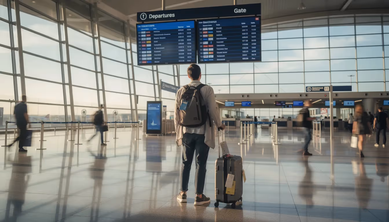 The image shows a traveler at an international airport departure terminal, surrounded by luggage and other passengers. This scene captures the anticipation of travel as the individual prepares to leave Australia, possibly using a resident return visa to re-enter the country in the future.