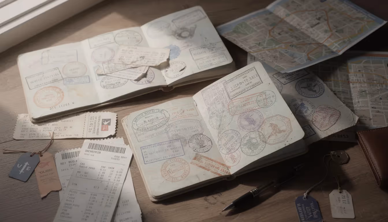 The image features an assortment of passport stamps and various travel documents laid out on a desk, symbolizing the journey of a resident return visa holder or an Australian permanent resident preparing for international travel. The collection includes a valid passport, visa application forms, and personal identification documents, reflecting the necessary paperwork for re-entering Australia.
