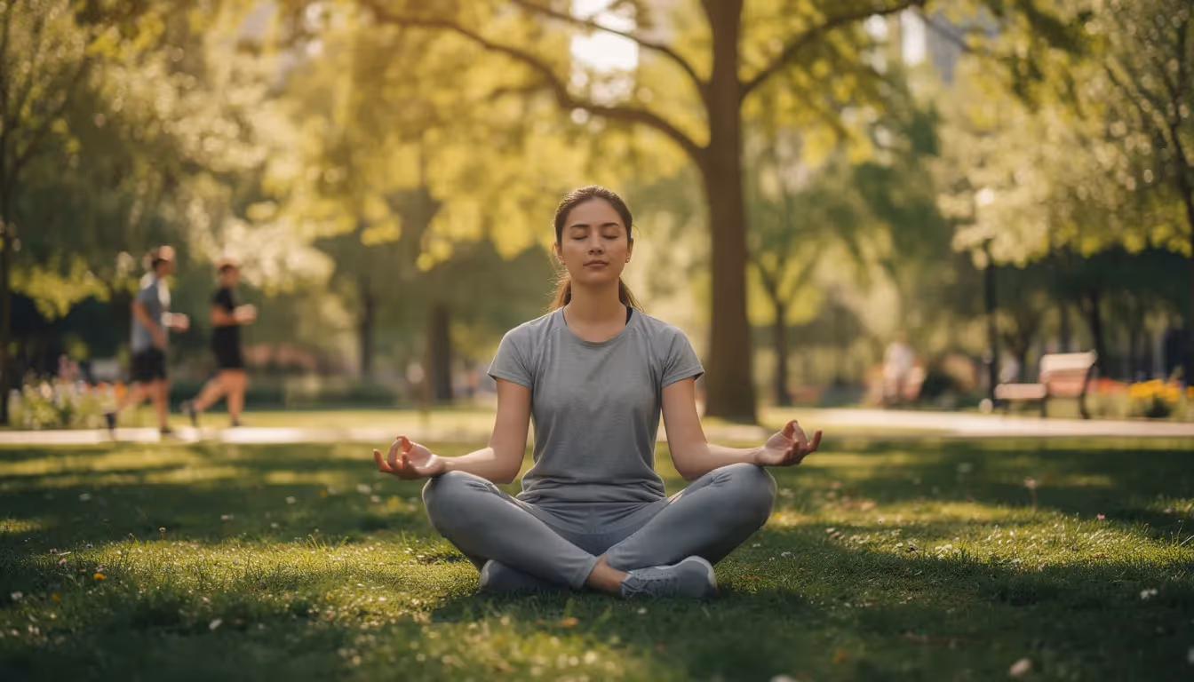 A person is meditating peacefully in a serene park setting, surrounded by lush greenery and vibrant flowers, embodying a positive mindset as they navigate the complexities of living abroad and adjusting to a new culture. This tranquil scene highlights the importance of personal growth and finding calm amidst the challenges of unfamiliar surroundings.