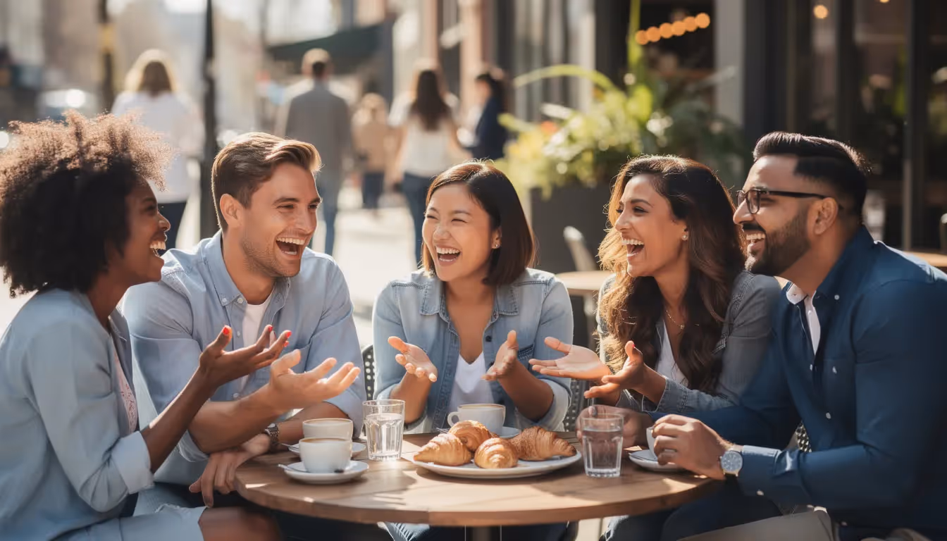 A group of diverse friends is joyfully laughing together at an outdoor cafe, embodying the positive mindset often experienced during the honeymoon phase of living abroad. Their camaraderie highlights the beauty of cultural differences and the joy of making new friends in a foreign culture.