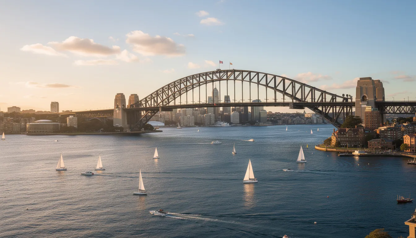 The image showcases Sydney Harbor, featuring a variety of boats sailing in the water with the iconic Sydney Harbour Bridge prominently in the background. This vibrant scene reflects the allure of moving from the USA to Australia, highlighting the picturesque views and potential for employment opportunities in this major city.