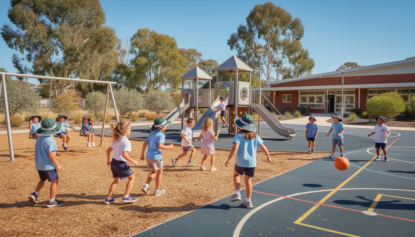 The image depicts a vibrant school playground in Australia, where children are joyfully playing together, enjoying various outdoor activities. This scene reflects the lively atmosphere of Australian schools, showcasing the importance of play in children's day-to-day life.