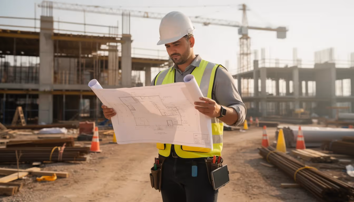 An engineer is closely examining detailed technical plans on a bustling construction site, surrounded by heavy machinery and ongoing construction activities. The scene highlights the critical role of civil engineering in building projects, emphasizing the importance of meticulous planning and execution.