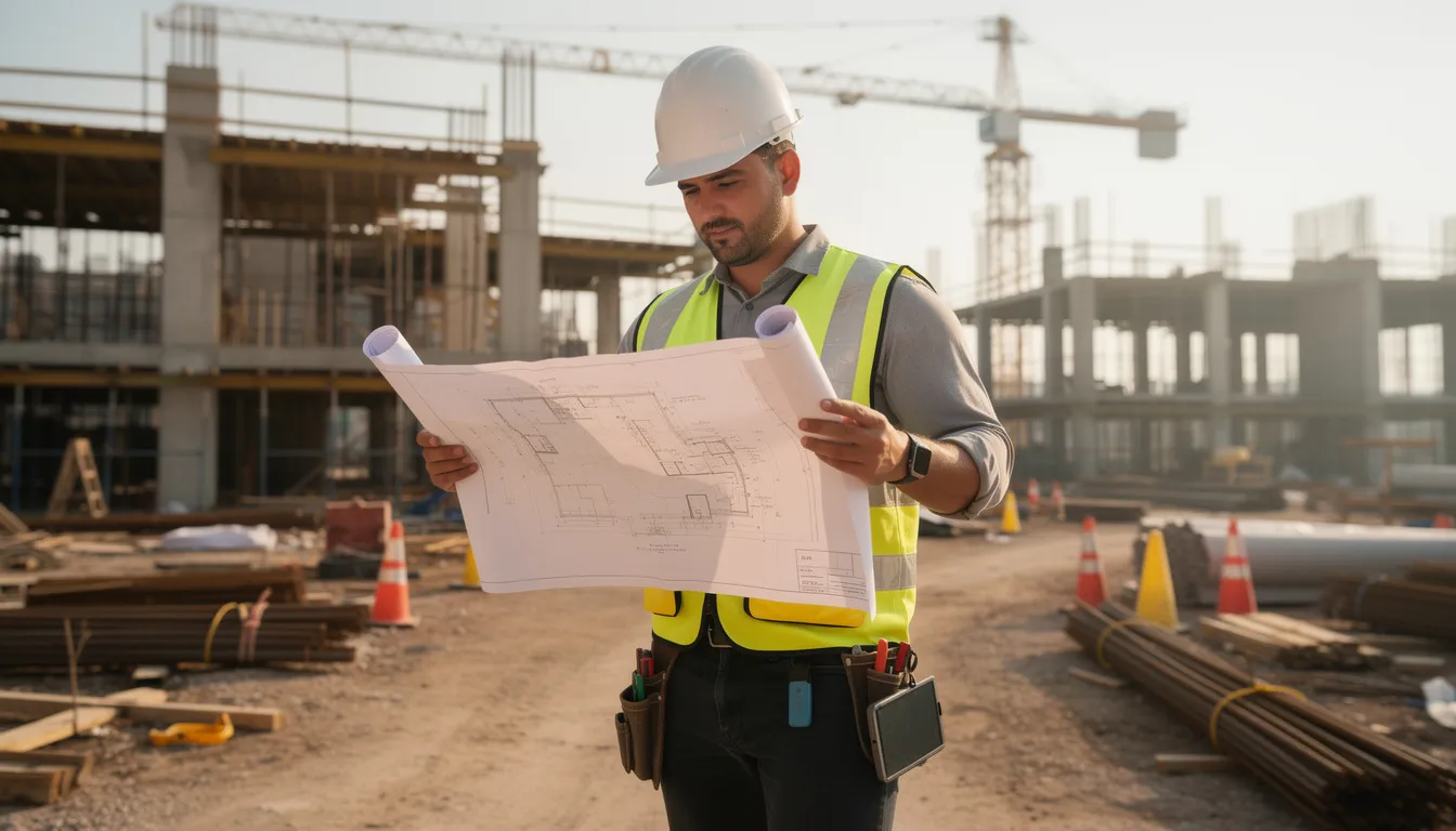 An engineer is closely examining detailed technical plans on a bustling construction site, surrounded by heavy machinery and ongoing construction activities. The scene highlights the critical role of civil engineering in building projects, emphasizing the importance of meticulous planning and execution.