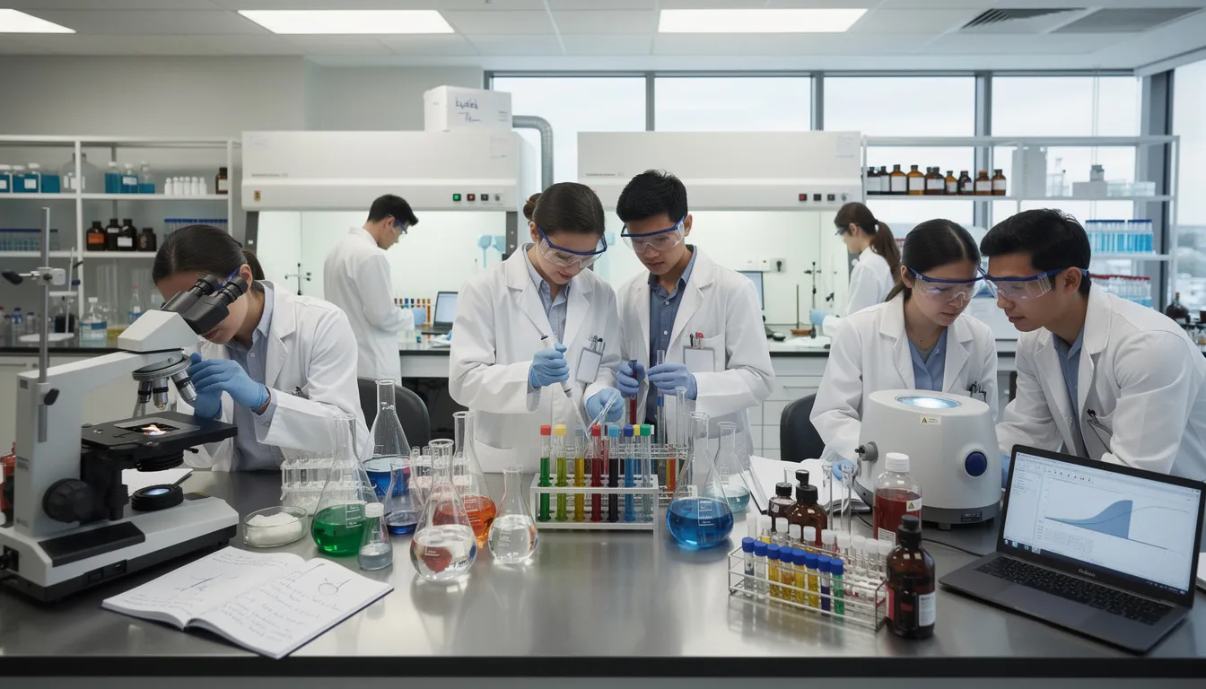 The image depicts university students engaged in hands-on experiments in a science laboratory, surrounded by lab equipment and materials. They are focused on their tasks, showcasing a collaborative learning environment related to fields such as medical laboratory science and environmental research.