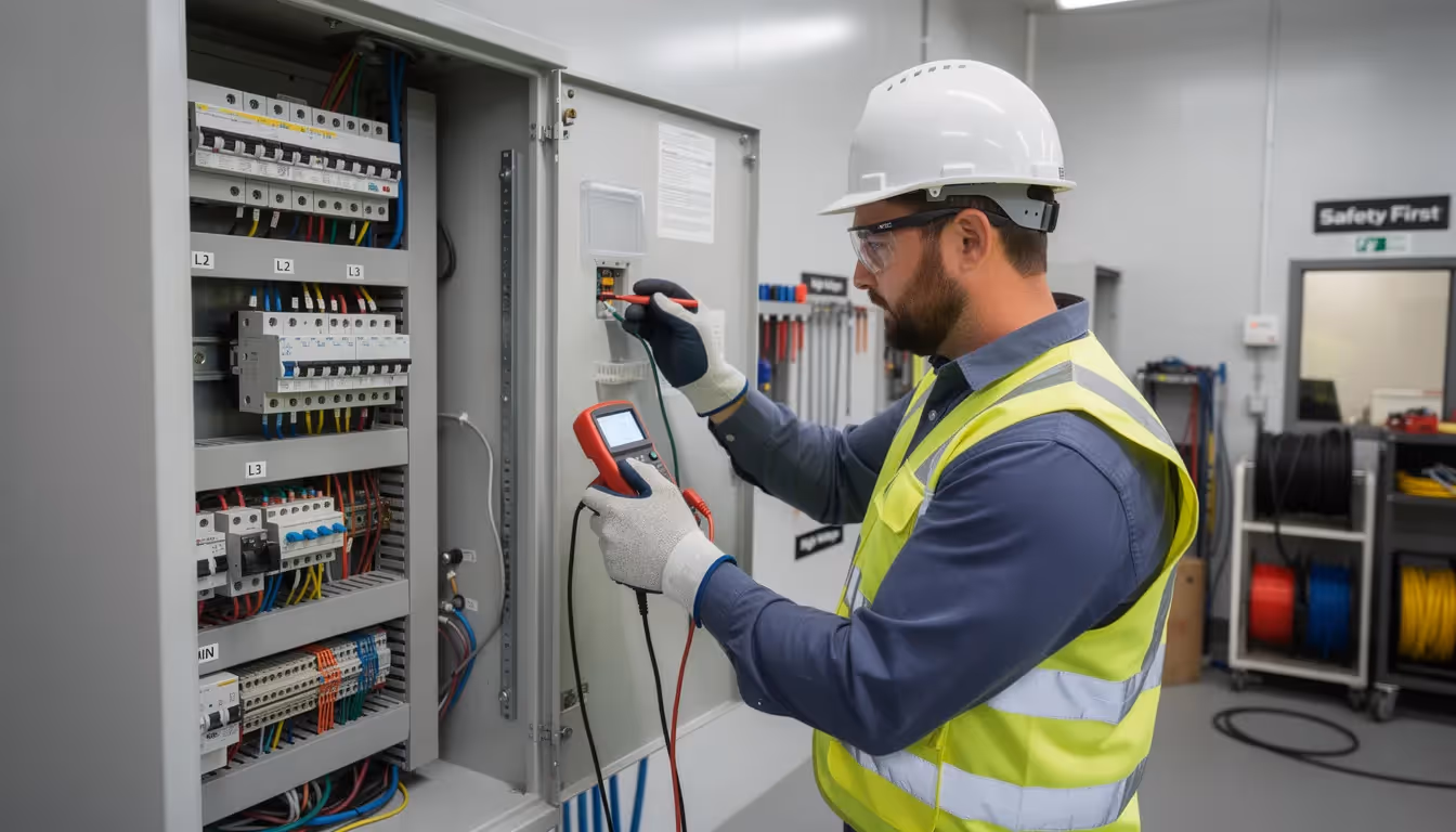 A tradesperson, dressed in safety gear, is focused on working with electrical equipment in a professional setting, showcasing skills relevant to electronic engineering. The environment is well-organized, reflecting a commitment to safety and efficiency in the electrical field.