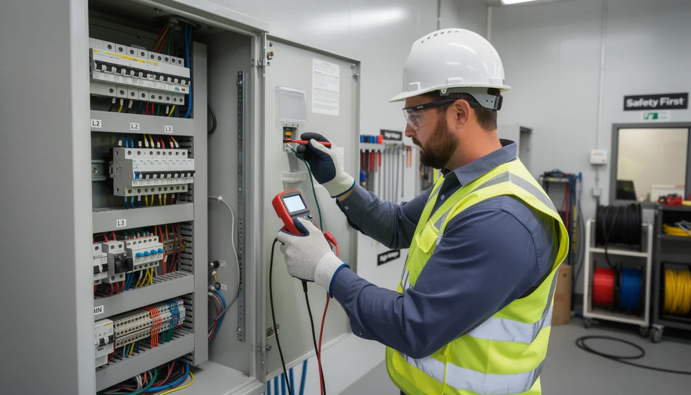 A tradesperson, dressed in safety gear, is focused on working with electrical equipment in a professional setting, showcasing skills relevant to electronic engineering. The environment is well-organized, reflecting a commitment to safety and efficiency in the electrical field.