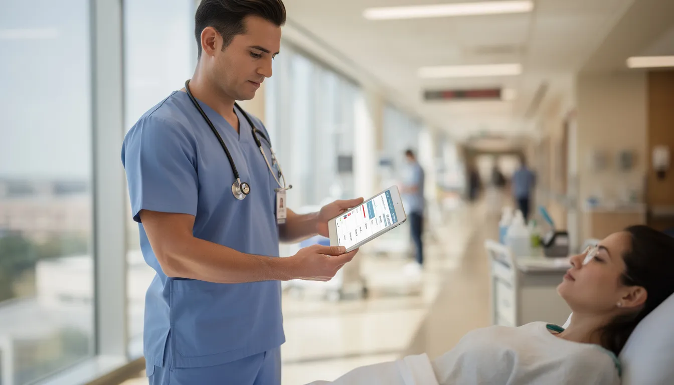 A professional healthcare worker, dressed in scrubs, is attentively reviewing patient information on a digital tablet in a modern hospital setting. The background features advanced medical equipment and a clean, organized workspace, highlighting the importance of health and social services in patient care.