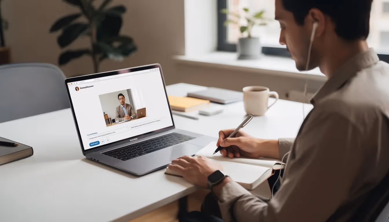 A young professional is focused on taking notes during an online learning course on their laptop, emphasizing skills development and exploring career pathways for future job opportunities. The scene highlights the importance of vocational education and training in shaping their career decision-making.
