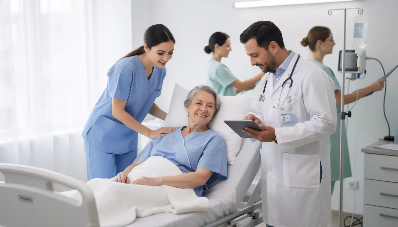 A group of healthcare professionals attentively cares for an elderly patient in a bright and welcoming medical facility, showcasing the importance of vocational education and training in the healthcare sector. This image highlights the supportive environment that encourages skills development and future career pathways in the healthcare industry.