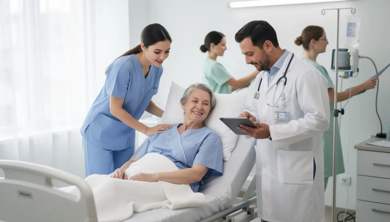 A group of healthcare professionals attentively cares for an elderly patient in a bright and welcoming medical facility, showcasing the importance of vocational education and training in the healthcare sector. This image highlights the supportive environment that encourages skills development and future career pathways in the healthcare industry.