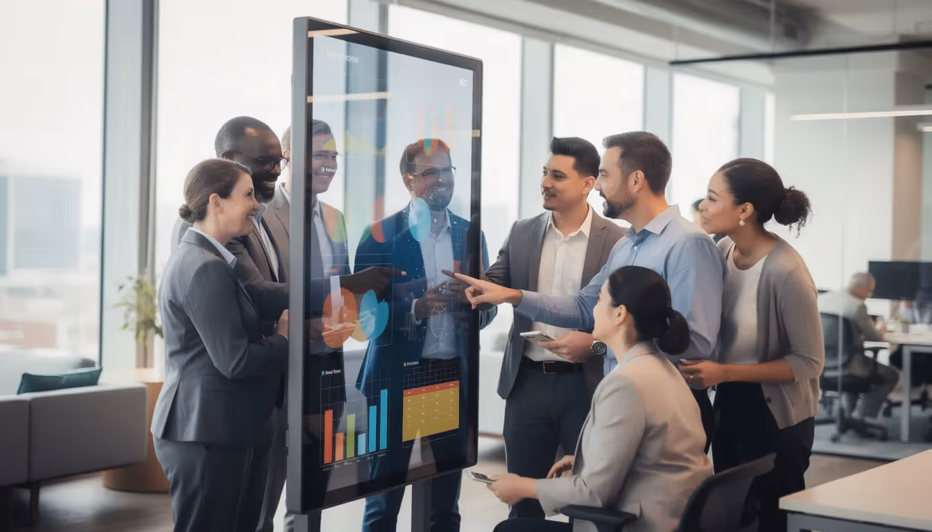 The image depicts a diverse group of professionals engaged in collaboration around a digital screen in a modern workplace, symbolizing the importance of teamwork in exploring career pathways and skills development. This setting highlights the integration of technology in vocational education and the collective effort to navigate future career options.