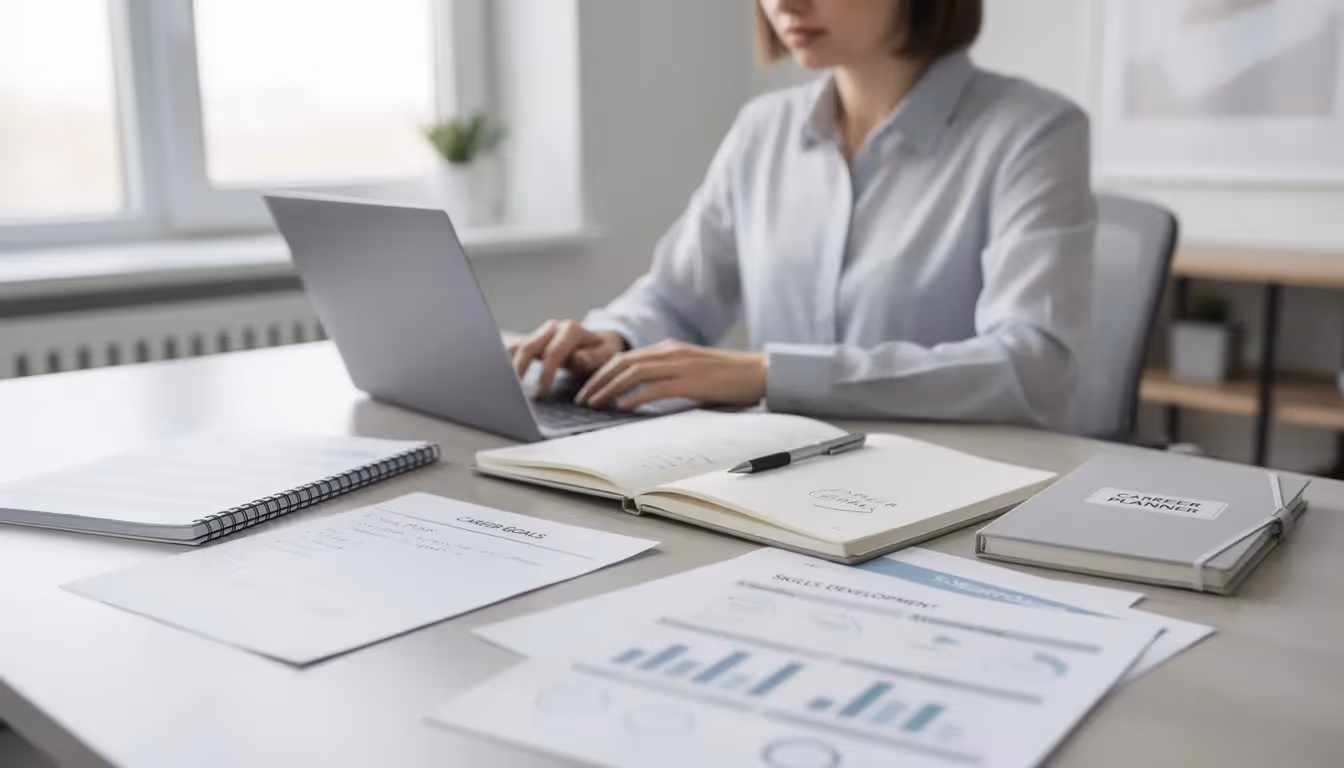 The image depicts a professional focused on a laptop in a modern workspace, surrounded by career planning materials that include job applications and resume templates. This setting emphasizes the importance of career guidance and informed decisions for job seekers navigating the job market and pursuing their career goals.