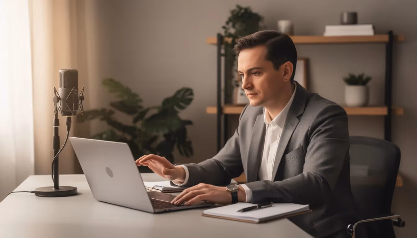 The image shows a professional sitting at a home office desk, preparing for a video interview with a laptop open in front of them. They appear focused and confident, surrounded by tools that support their job search and career goals, reflecting the importance of career guidance in navigating the job market.