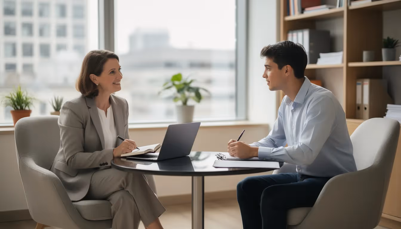 A career counselor is seated at a desk in an office, engaging with a young professional who is seeking career guidance. The scene conveys a supportive atmosphere as they discuss job search strategies, career goals, and the tools available for navigating the job market.