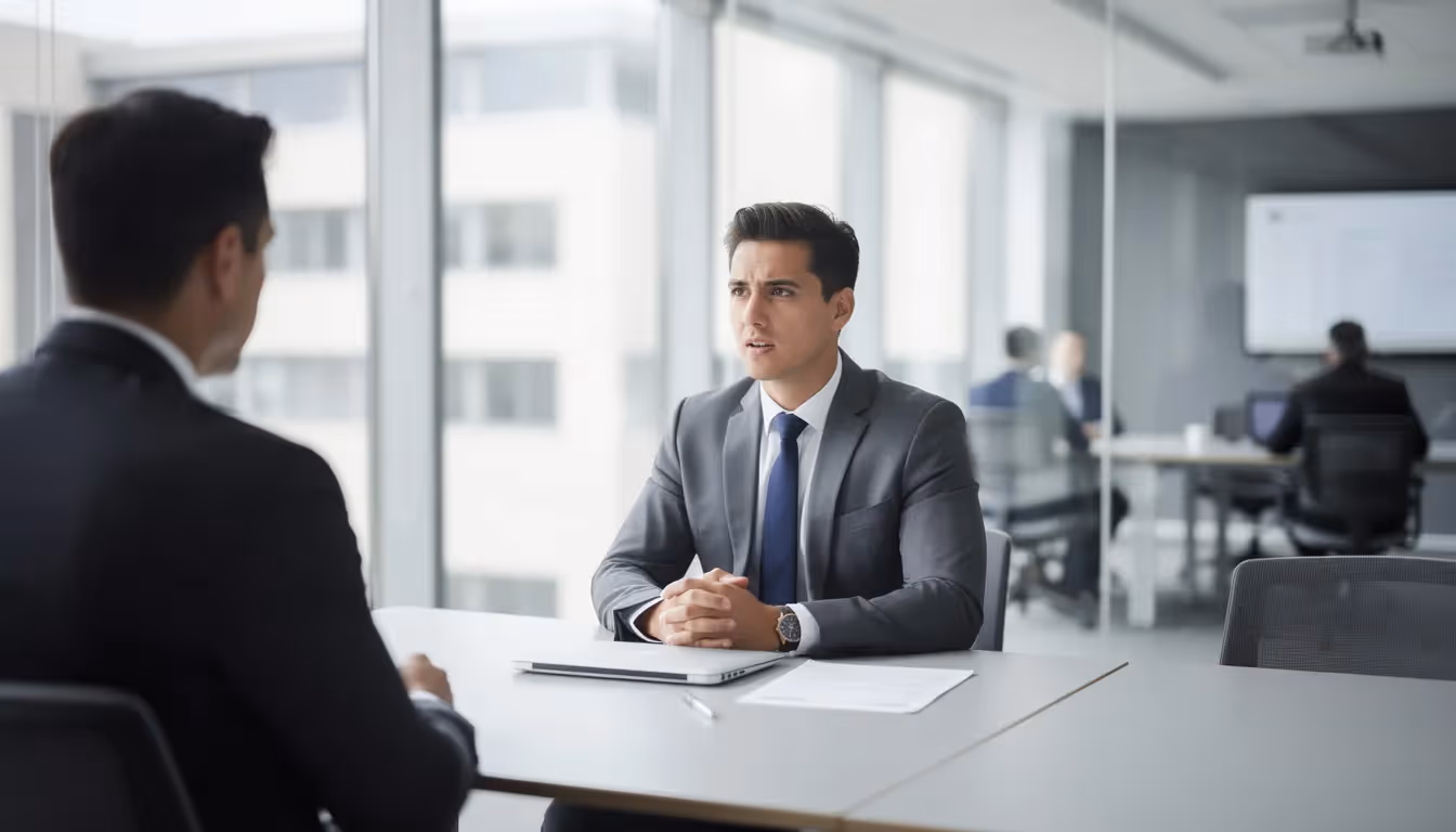 A professional young adult dressed in business attire is seated at a sleek conference table, engaging in a job interview within a modern office setting. The atmosphere reflects a focus on personal and professional development, highlighting the importance of gaining valuable work experience through internships abroad.