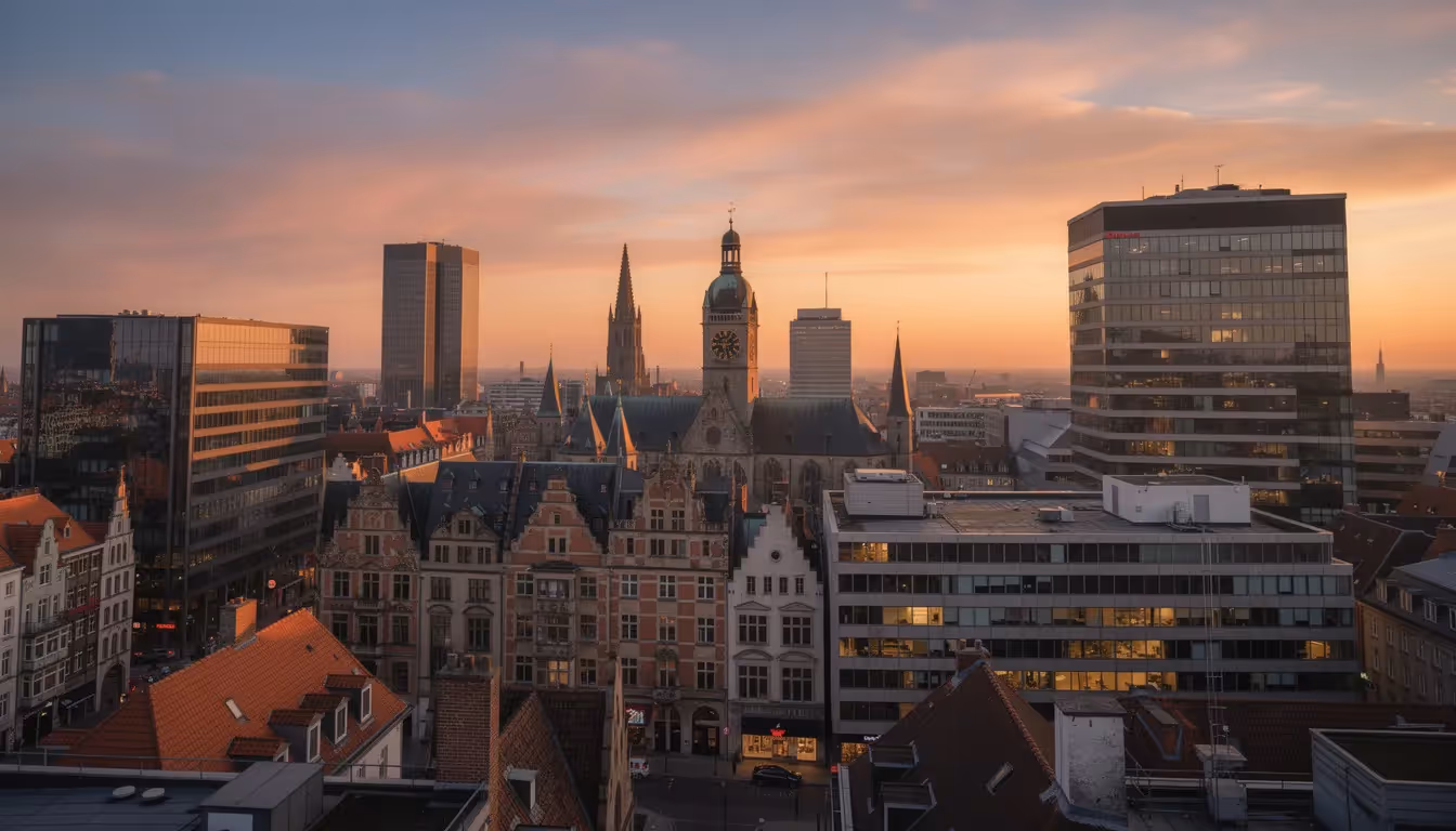 A panoramic view of a European city skyline at sunset showcases a blend of historic and modern buildings, reflecting the rich cultural immersion opportunities available for students considering internships abroad. This vibrant scene highlights the potential for personal and professional growth while studying abroad in exciting cities.