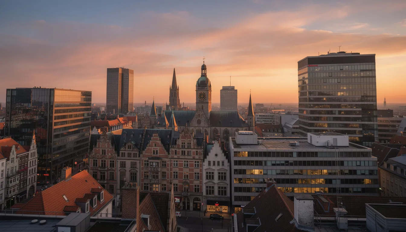 A panoramic view of a European city skyline at sunset showcases a blend of historic and modern buildings, reflecting the rich cultural immersion opportunities available for students considering internships abroad. This vibrant scene highlights the potential for personal and professional growth while studying abroad in exciting cities.