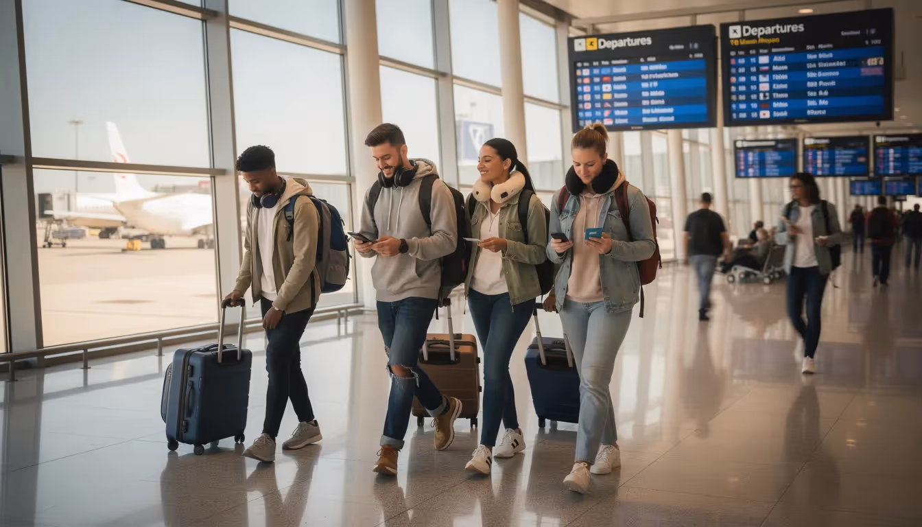 A group of young travelers, each carrying backpacks and luggage, are gathered in an international airport terminal, excitedly preparing for their journey abroad. This moment captures the essence of embarking on an international internship experience, highlighting the anticipation of personal and professional growth through cultural immersion and new adventures.