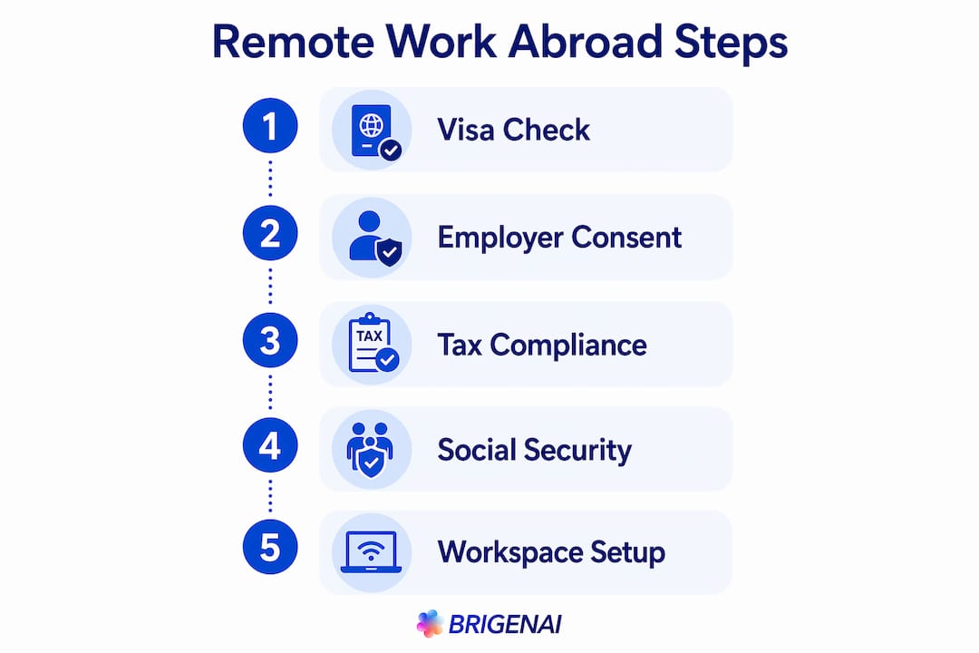 Infographic with step-by-step remote work abroad checklist
