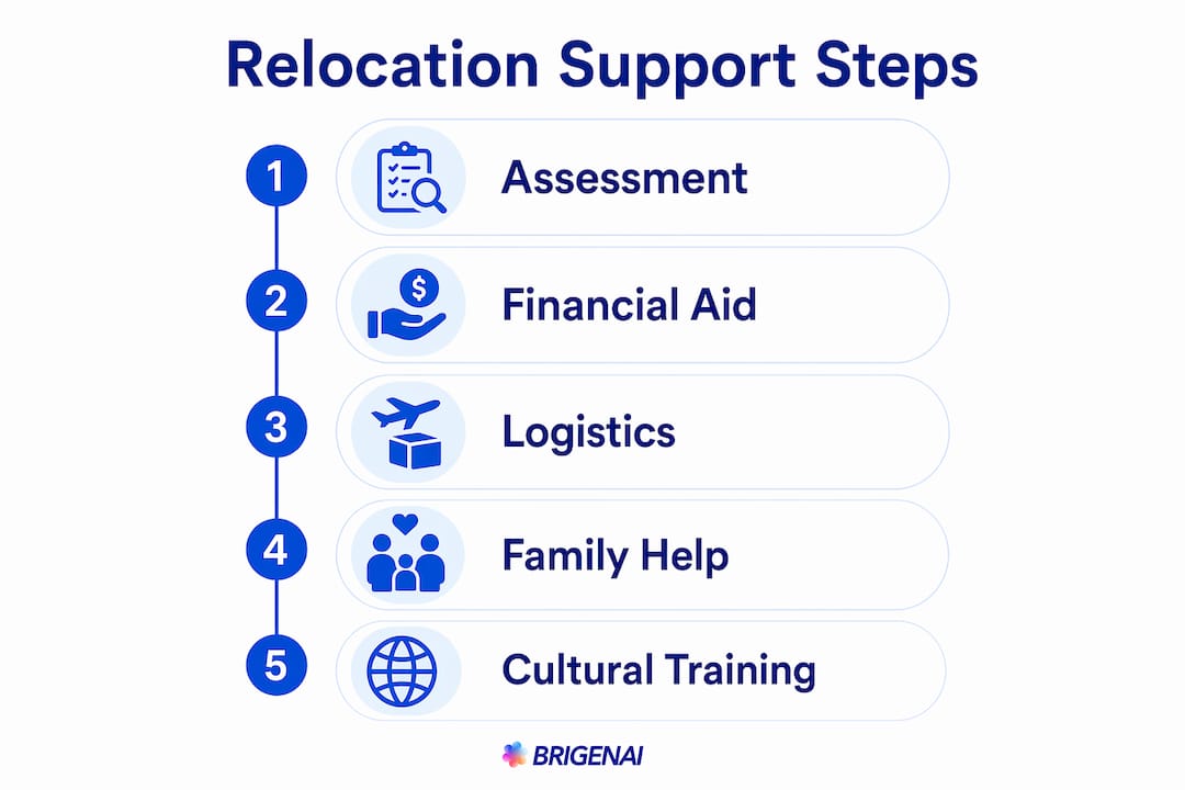 Infographic showing key components of relocation support in steps