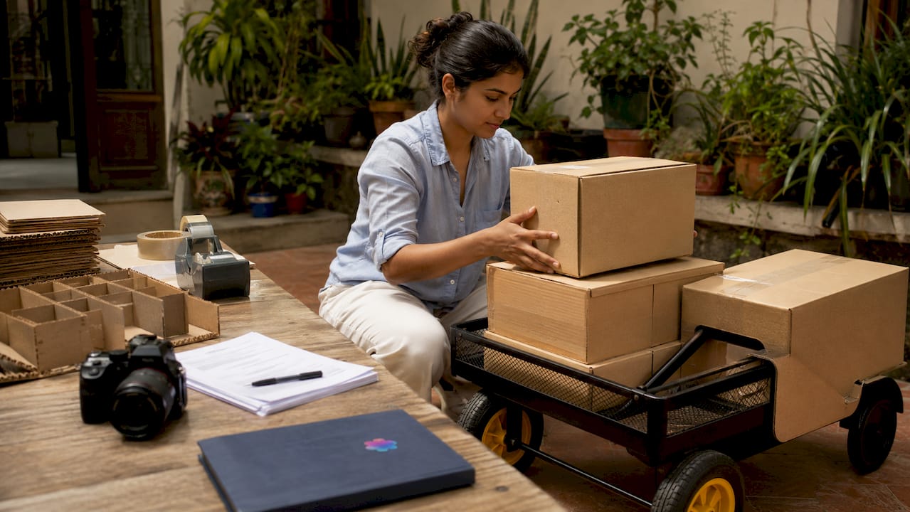 Person packing and organizing shipment boxes