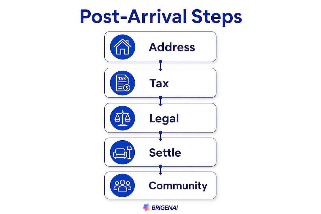 Infographic showing post-arrival tasks timeline