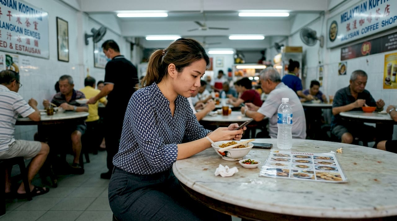 Professional eating at Malaysian kopitiam cafe