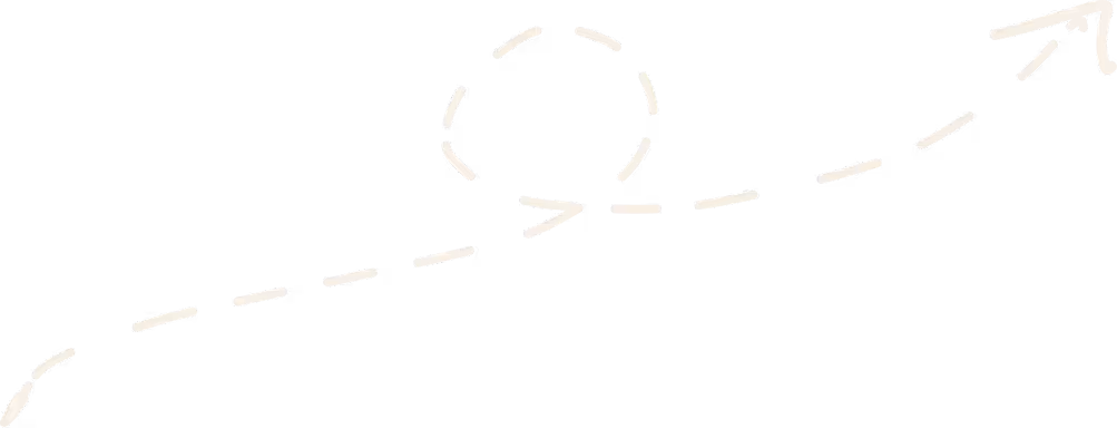 Curved dashed arrow in cream color looping once and pointing upward to the right.