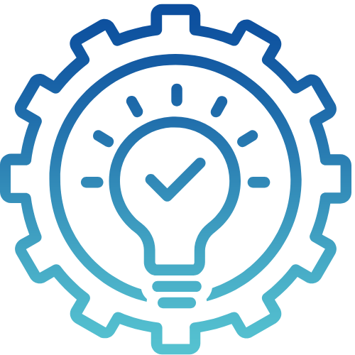 A blue light bulb inside a gear wheel, symbolizing innovation and solutions at Whole-Body Solutions.