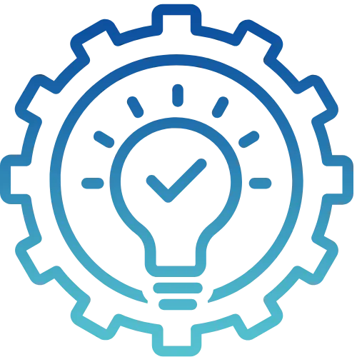 A blue light bulb inside a gear wheel, symbolizing innovation and solutions at Whole-Body Solutions.