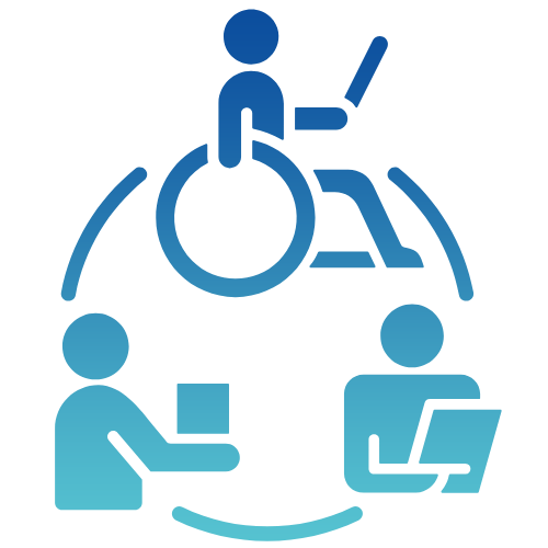 A person in a wheelchair sits at a computer, representing inclusive and personalized healthcare services.
