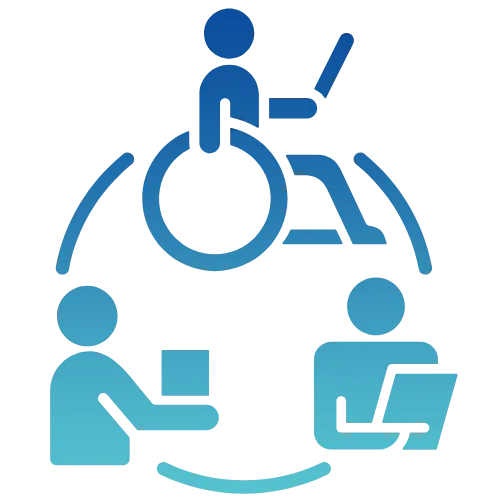 A person in a wheelchair sits at a computer, representing inclusive and personalized healthcare services.