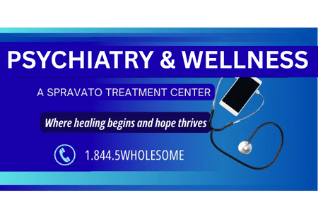 Wholesome Psychiatry & Wellness Spravato treatment center advertisement with a phone number and stethoscope next to a smartphone on blue background.