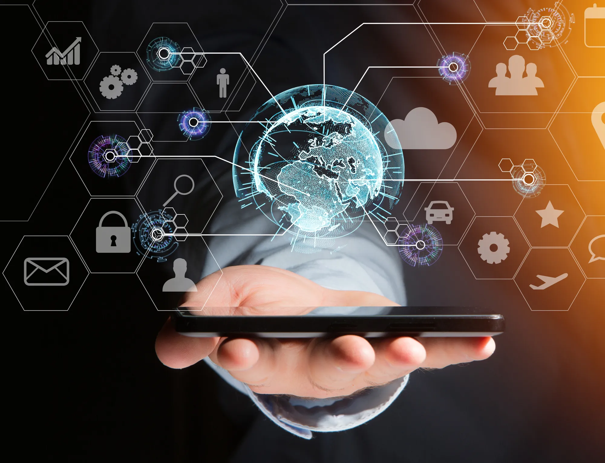 A view of a city at night with a lot of traffic.