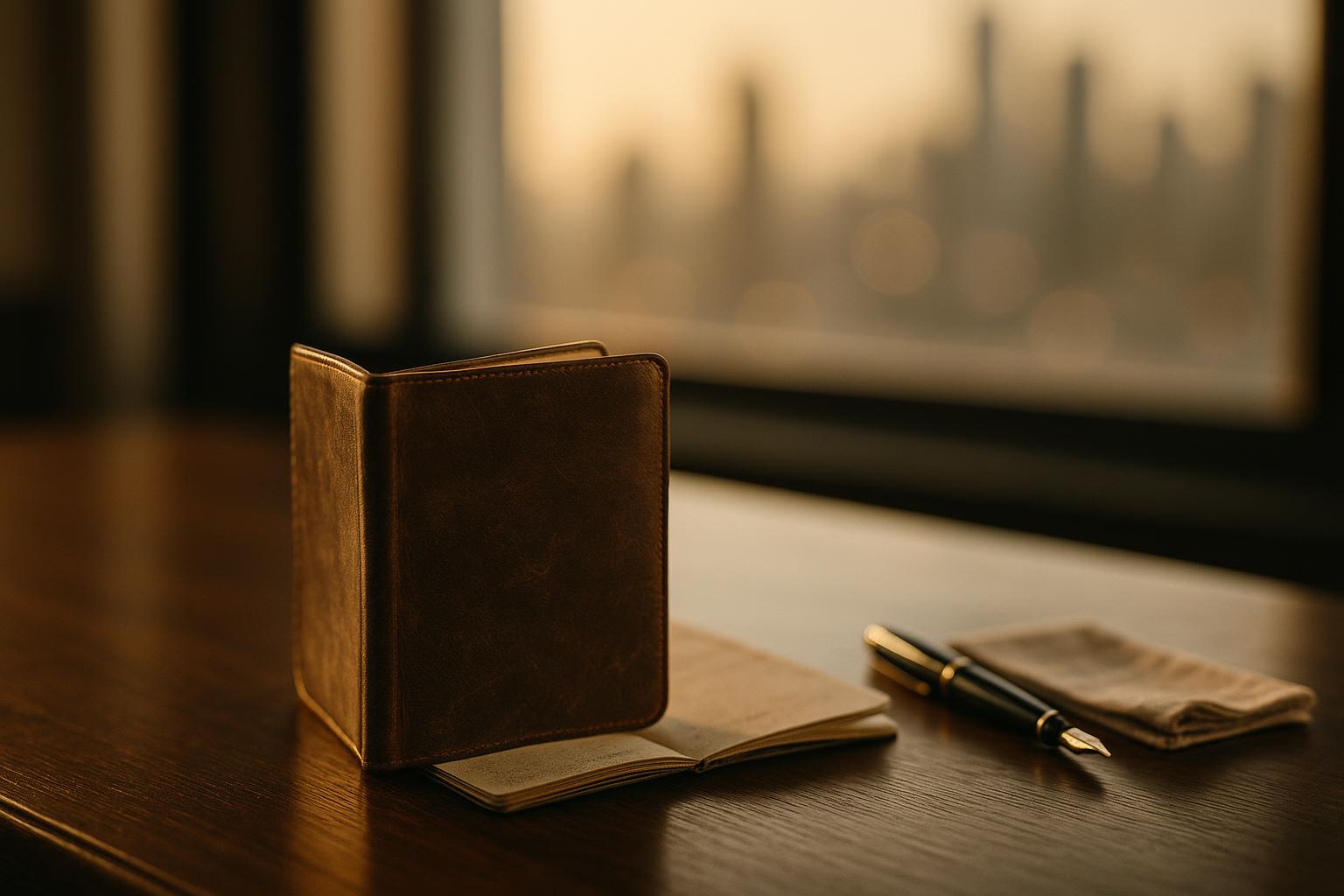 Passport and fountain pen on a dark oak desk, city skyline bokeh background — Golden Visa Guide 2026