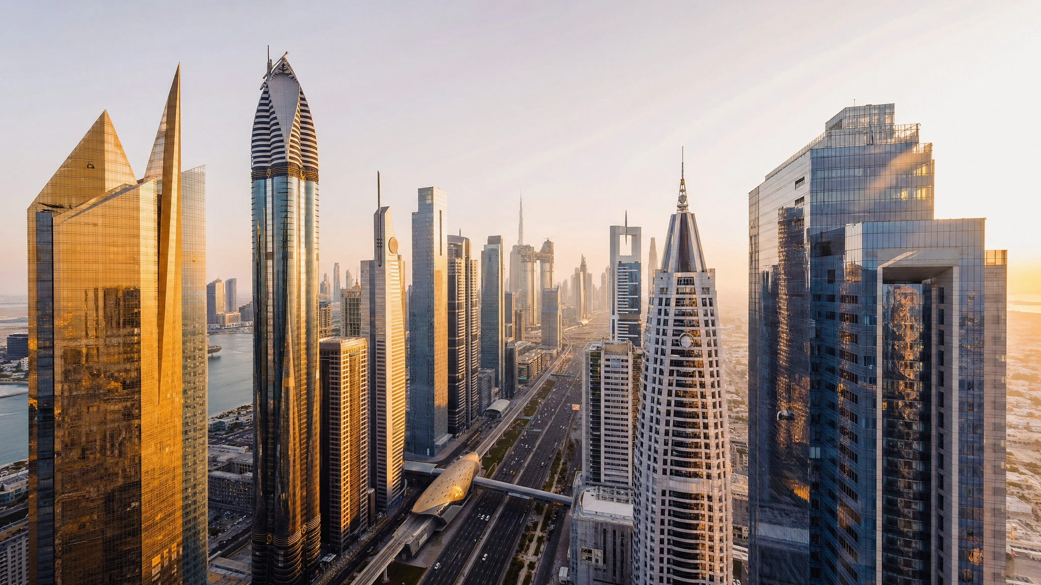 Dubai financial district aerial view at golden hour β UAE Free Zone Investor Visa guide 2026