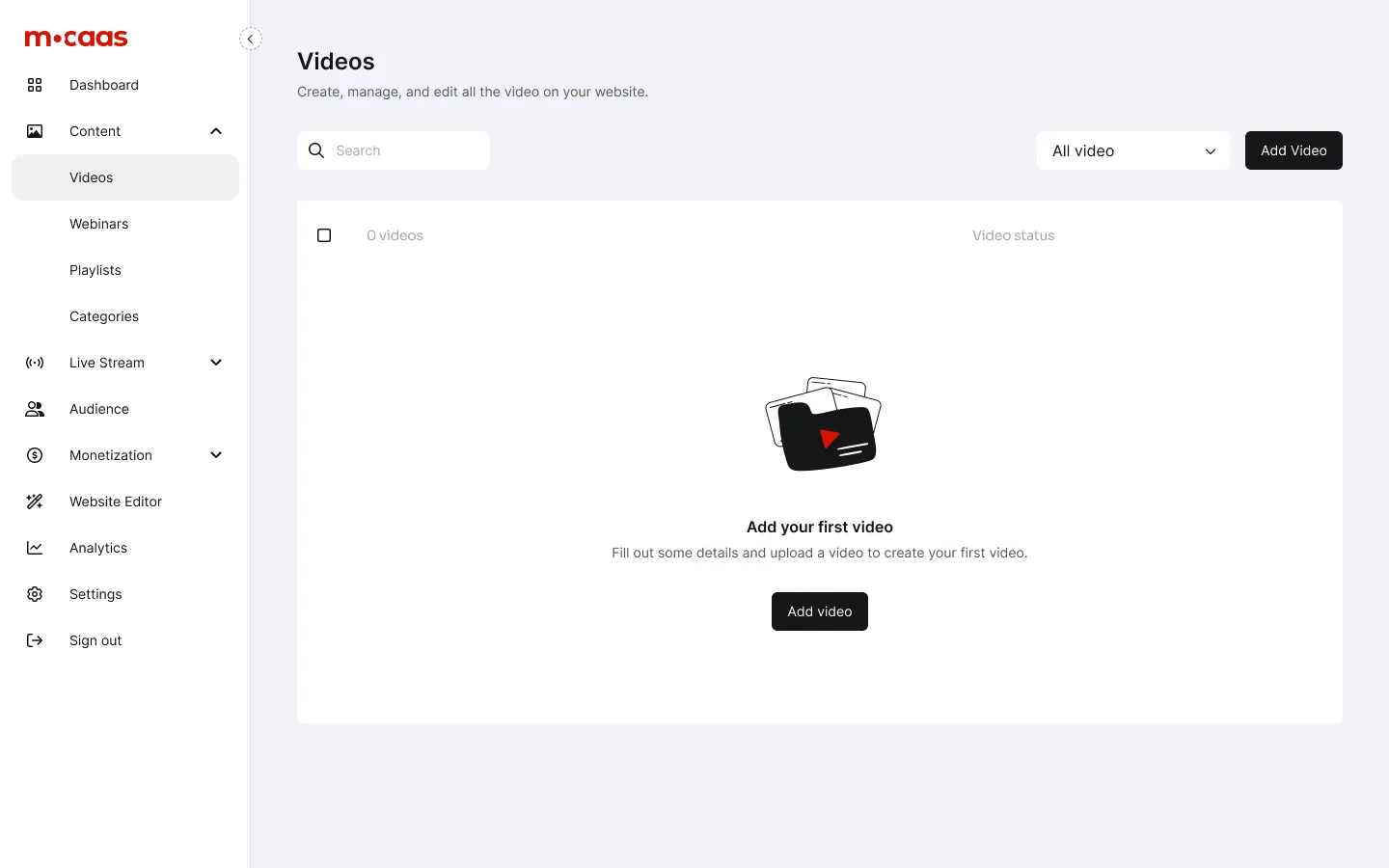 Mocaas UI: Empty video page