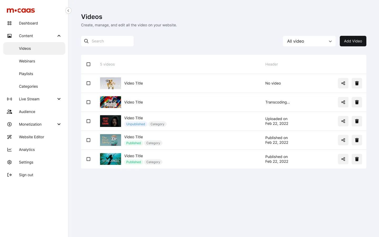 Mocaas UI: Filled video page