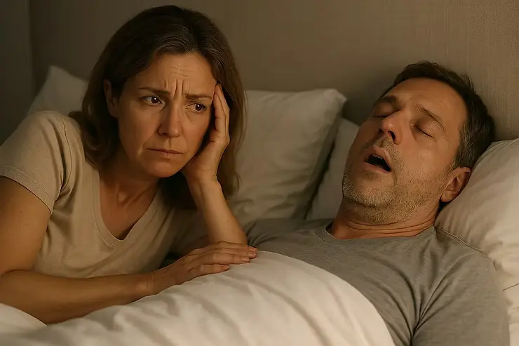 snoring could be a symptoms of sleep apnea. the lady here is frustrated as her partner is snoring in sleep which is a major symptom of sleep apnea