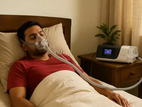 A man sleeping in bed wearing a CPAP mask connected to a CPAP machine, used for treating sleep apnea.