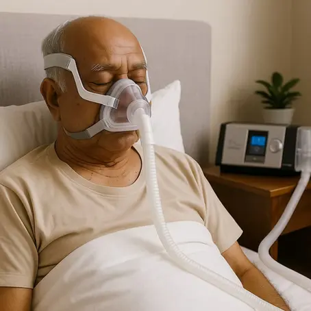 An elderly man sleeping in bed with a BiPAP mask connected to a BiPAP machine, providing non-invasive breathing support for sleep apnea and other respiratory conditions.