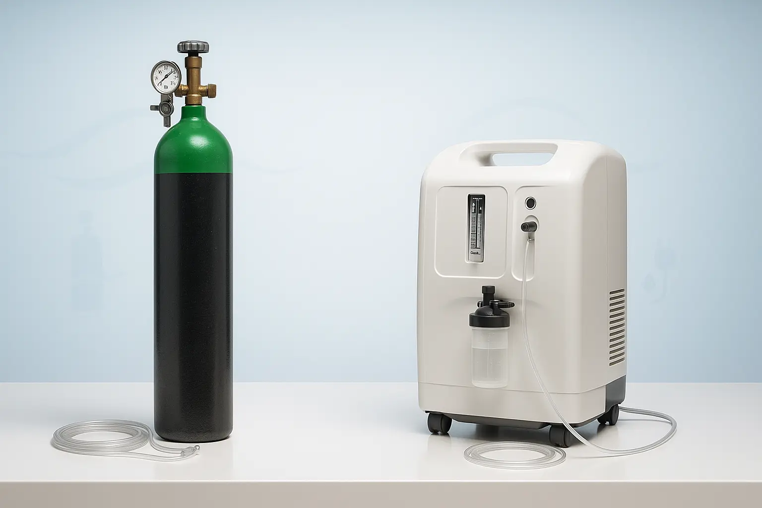Side-by-side image of an oxygen cylinder with regulator and an oxygen concentrator machine, showing two different methods of providing medical oxygen therapy.